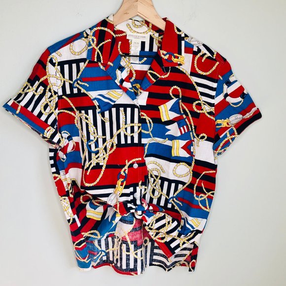 Vintage Linen Nautical Flag Print Button Up Short Sleeve Blouse Shirt Top Summer - Picture 4 of 4